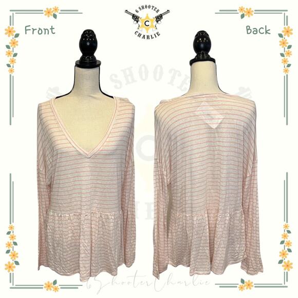 NWT Women's Cotton Bleu Peplum Top Size XL Peasant Ivory Peach Striped - Picture 1 of 7